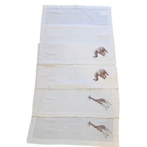 Vintage Embroidered Linen Safari Napkins Elephant Giraffe Set of 4 Cream Brown